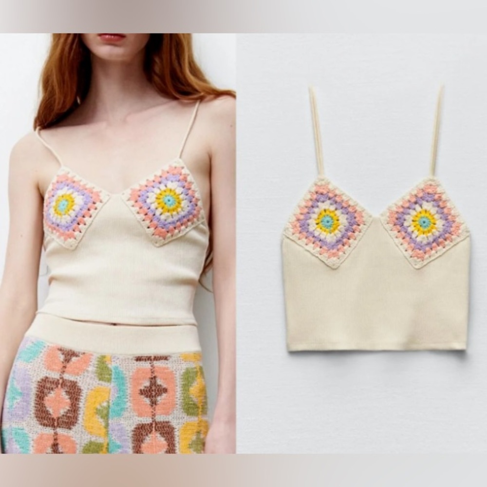 Zara Cream Pastel Granny Square Crochet Knit Camisole Top Size Large